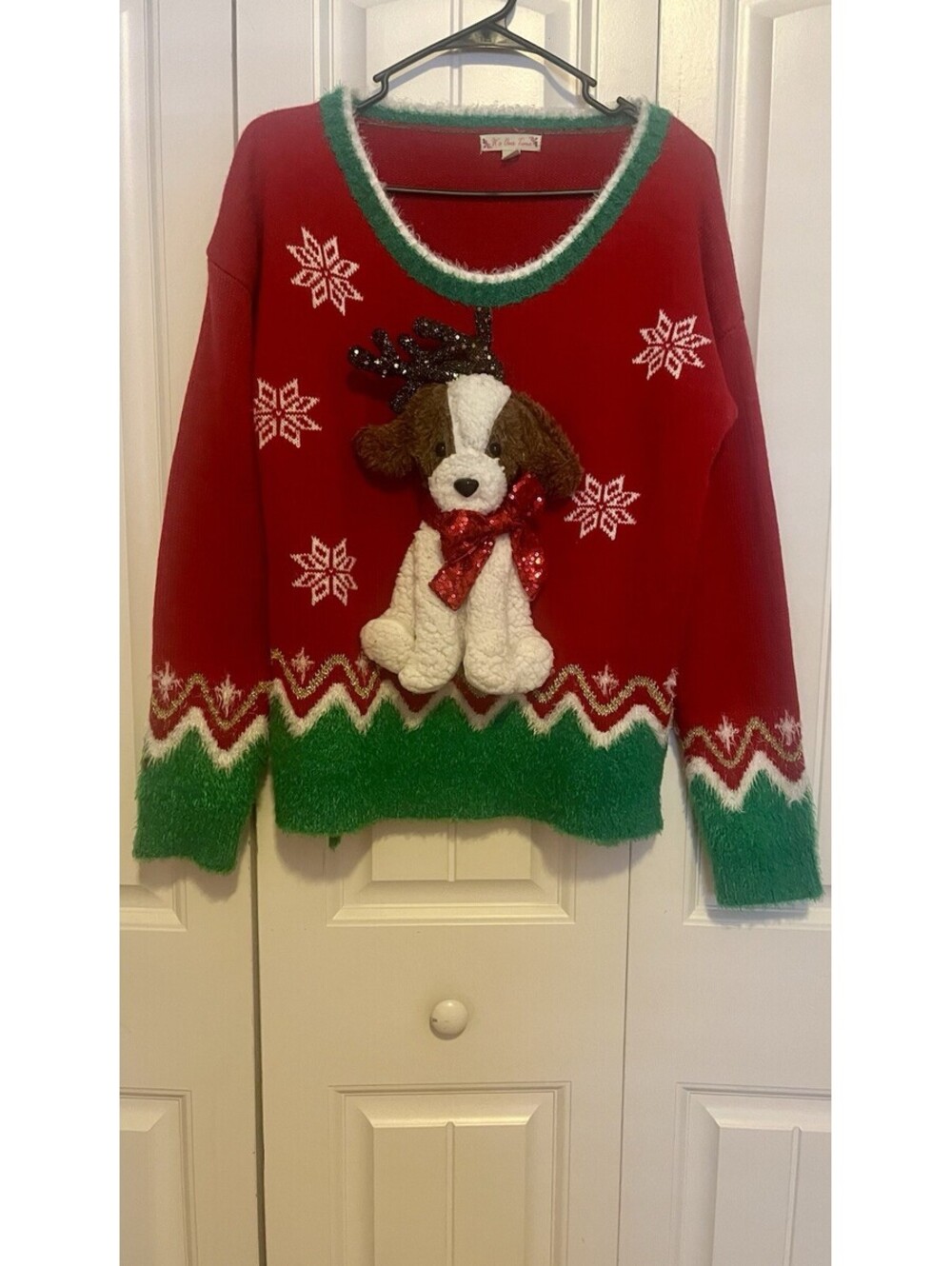 Christmas Sweater 3D Plush Dog Reindeer Red Green Snowflake Holiday Ugly Sweater